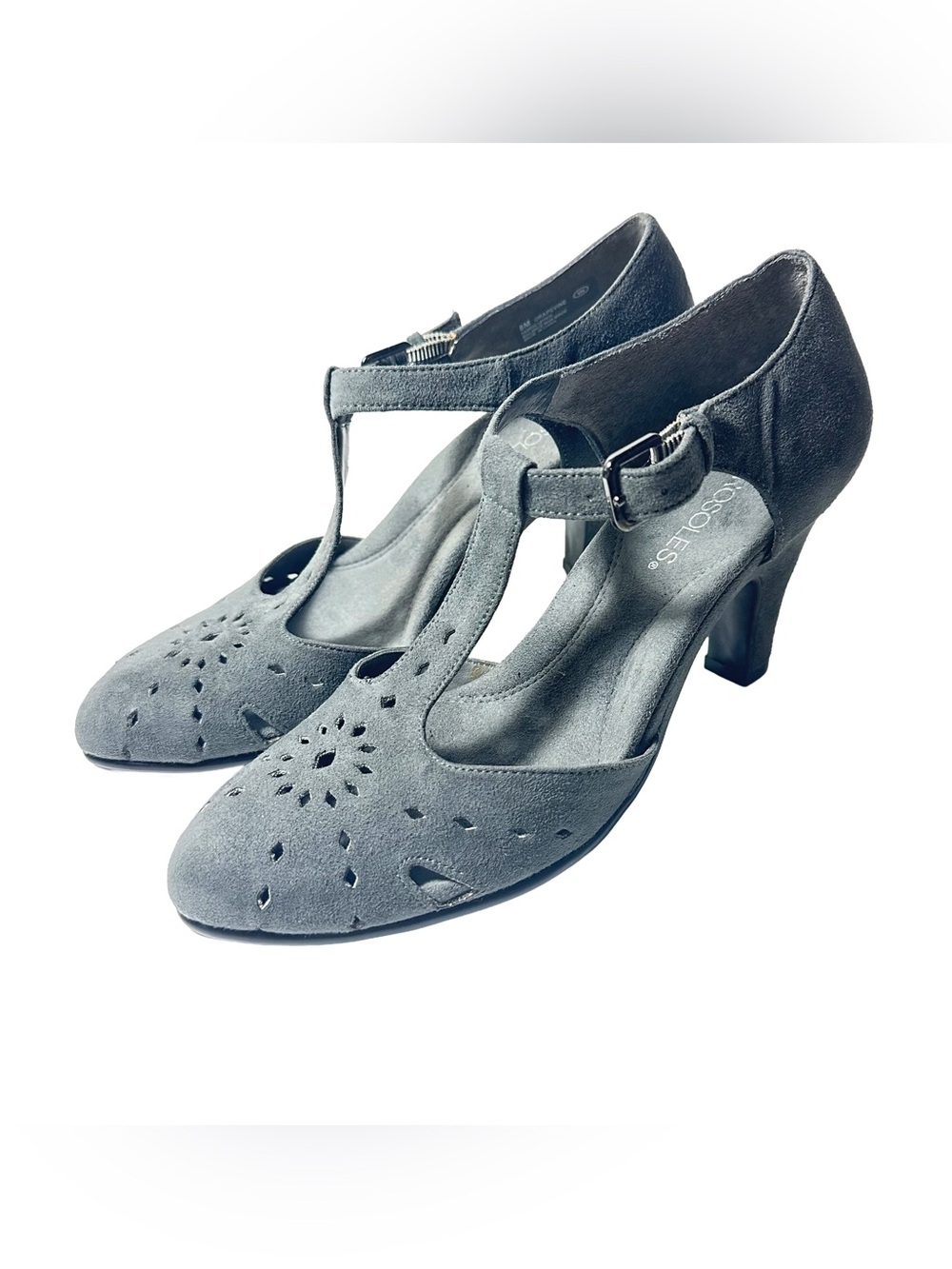 Aerosoles Grapevine T-Strap Mary Jane Heels Size 8 Perforations Grey Faux Suede